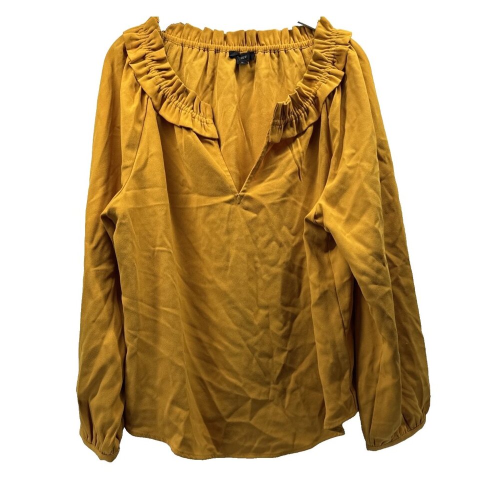 J Crew Women's Top Size Medium Gold Yellow Ruffle V Neckline 3/4 Sleeve Pullover